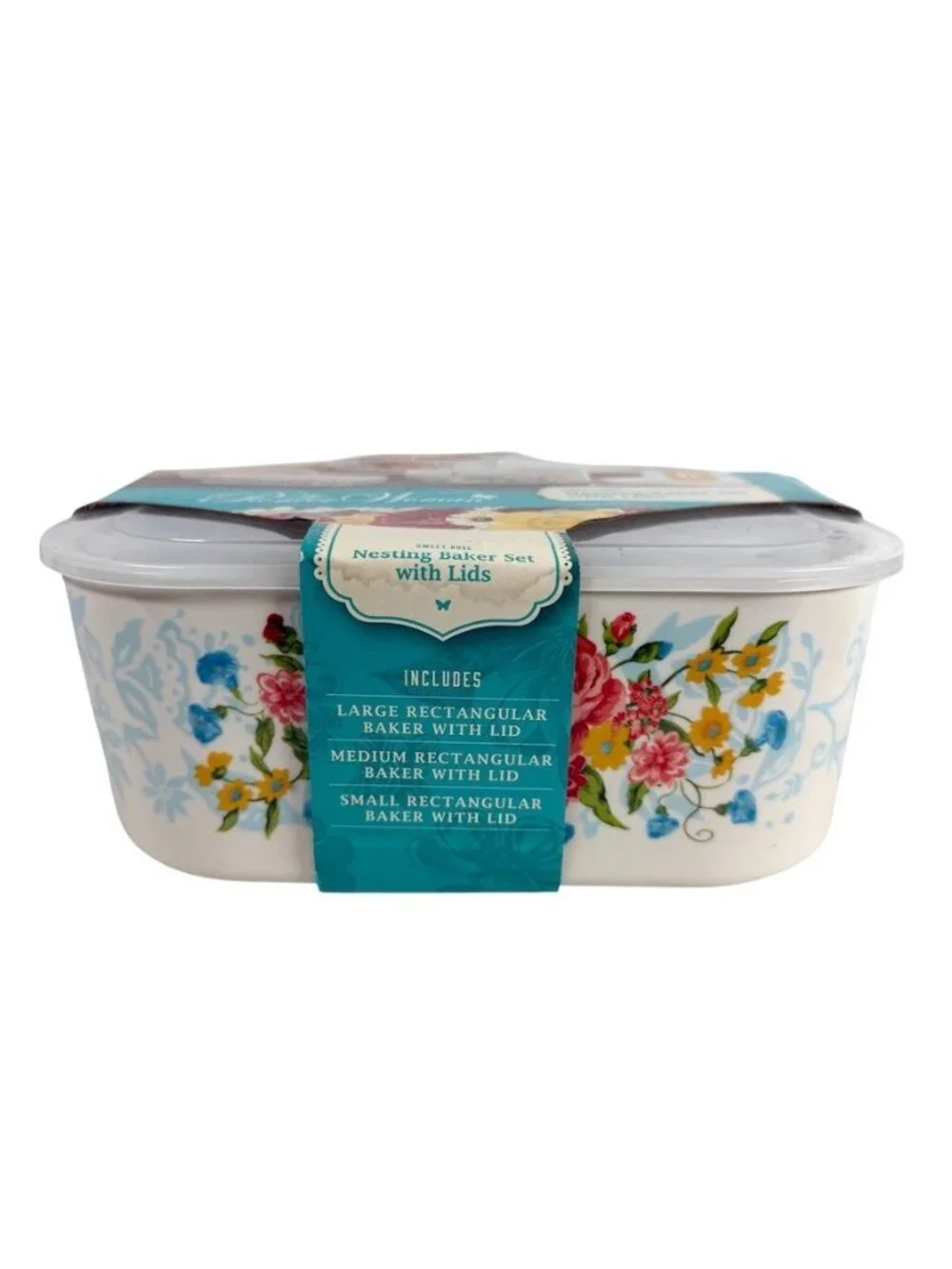 Pioneer Woman Sweet Rose Rectangle Ceramic Nesting Baker with Lid 6pc Set Floral